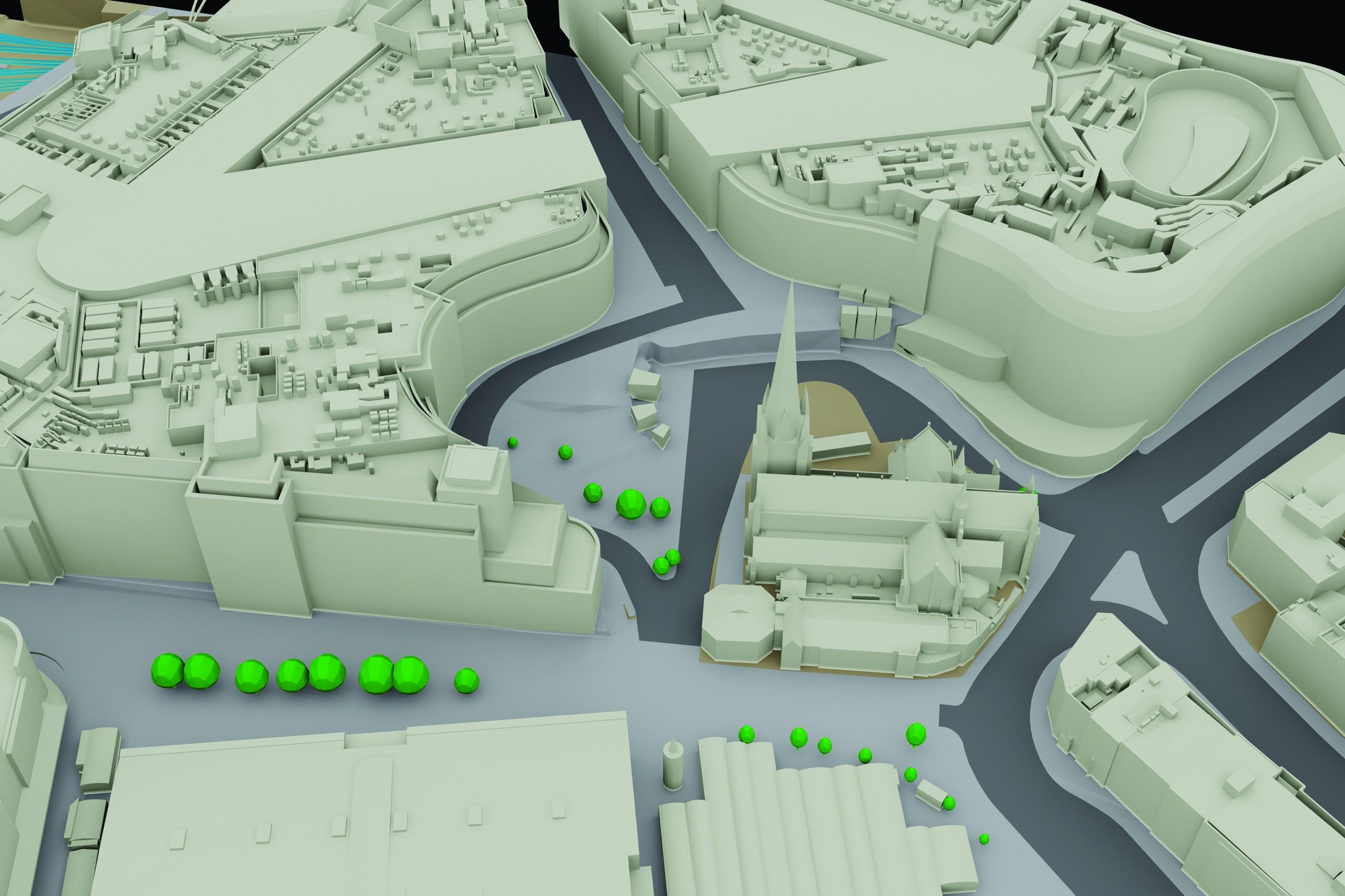 Graphic shows 3D building model of the Bullring in Birmingham